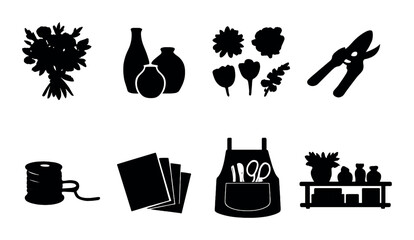 Gardening theme with tools, apron, and vases in silhouette design