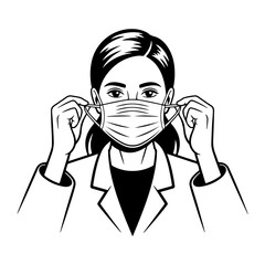a female doctor tying surgical mask black silhouette