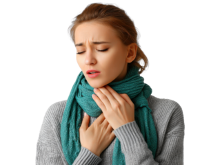 Sore Throat: A woman, her face etched with discomfort, clutches her neck as she experiences the symptoms of a sore throat. This captures her struggle against an illness.