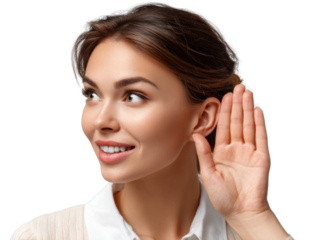 Active Listening: A woman, with an open expression of curiosity, gestures with her hand behind her ear as she is carefully listening to something.
