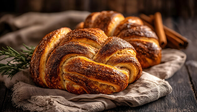 Cinnamon twisted loaf bread or babka on a dark wooden background.