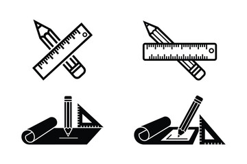 drafting tools vector icons set with pencil, ruler and blueprint