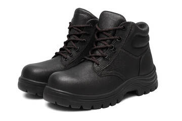 Black leather steel-toe work safety boots with transparent background