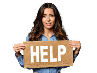 A Plea for Assistance: A woman stands with an earnest expression, holding a sign displaying the word HELP. This image conveys a sense of vulnerability and an appeal for assistance.