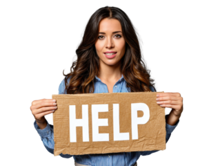 A Plea for Assistance: A woman stands with an earnest expression, holding a sign displaying the word HELP. This image conveys a sense of vulnerability and an appeal for assistance.
