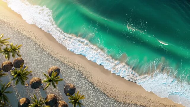 Aerial view of tropical beach with turquoise ocean waves, sand, palm trees, and thatched umbrellas, 4k video