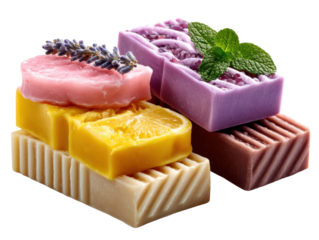 Artisan Soap Collection: An artful arrangement of vibrant, handmade soap bars, each meticulously crafted with natural ingredients, evoking a sense of spa-like tranquility and self-care.