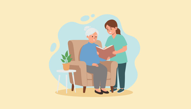 Caregiver reads to smiling senior woman in armchair illustrating home healthcare and companionship