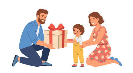 Happy parents presenting a beautifully wrapped gift box with a red bow to their joyful little child, celebrating a special occasion with love and togetherness, a heartwarming family moment