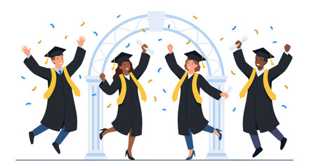 A diverse group of cheerful students celebrates their academic milestone and graduation day, jumping joyfully with diplomas and confetti, marking a significant achievement in their educational journey
