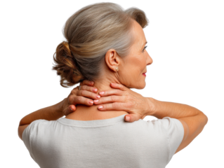 Age and Comfort: An elderly woman, hand gently massage her neck. conveying a sense of serenity and the soothing effect of self-care.