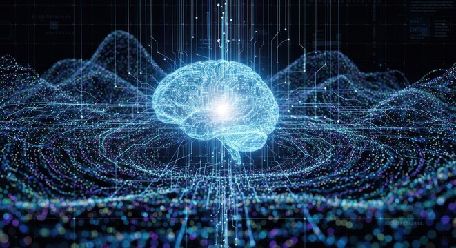 Glowing digital brain circuit network with abstract data flow background. - Powered by Adobe