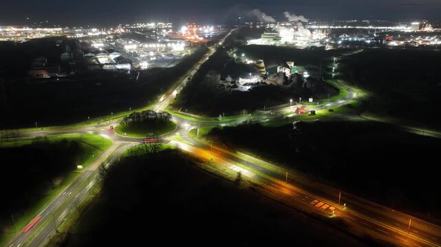 Drone hyperlapse of Wilton roundabout, Teesside, with Sembcorp and British Steel works at the far side of the roundabout