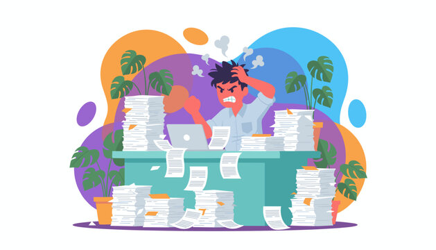 Angry stressed employee overwhelmed by excessive paperwork and deadlines illustrating job burnout and administrative burden