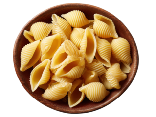 Shell Pasta in Wooden Bowl: A close-up shot presents a rustic wooden bowl filled with uncooked shell pasta, displaying the pasta's unique shape and texture, inviting viewers to explore the textures.