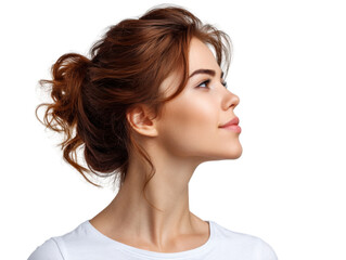 Fototapeta premium Profile in Contemplation: Captivating side portrait of a young woman with a thoughtful, hopeful expression, her gaze directed upwards with a hint of a smile. A snapshot of serene poise and a natural.
