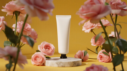 White cosmetic tube mockup on podium with pastel flowers on yellow background, summer skincare product