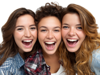 Radiant Trio: Capturing the contagious laughter of three young women, highlighting the beauty of friendship and shared joy. 