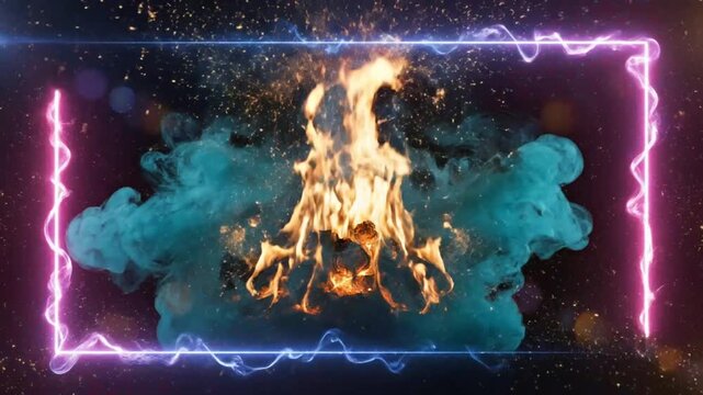 Burning campfire with flames, smoke and sparks in a neon light square frame on black background.