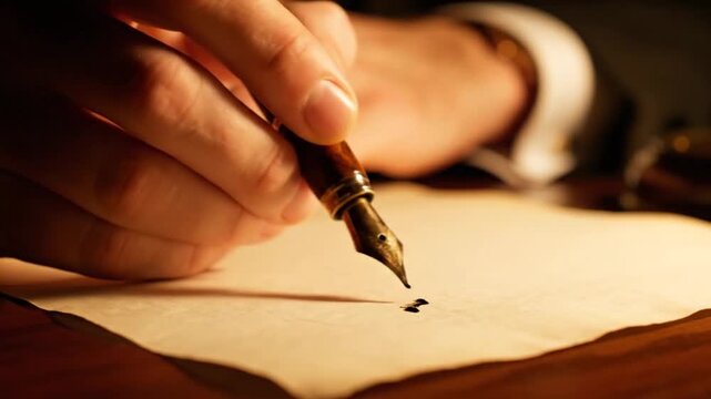 Close-up of a hand holding a fountain pen, poised to write on aged parchment paper, ink droplets visible