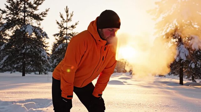 Man in orange jacket jogs and stops to breathe in snowy forest at sunset. Scene conveys winter fitness and endurance. Ideal for sports, health, and outdoor activity concepts.