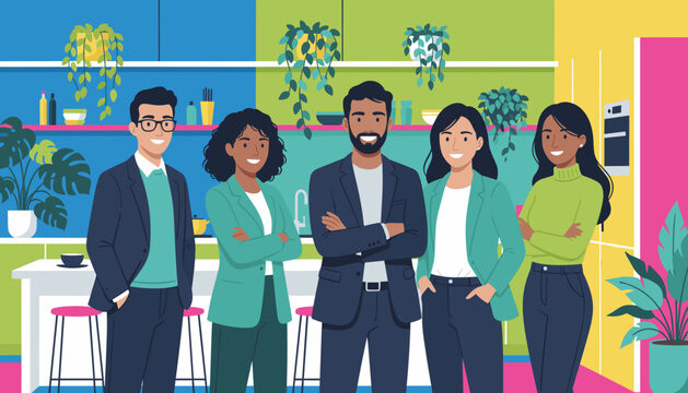 Diverse business team smiling confidently in a modern colorful office break room