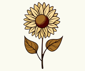 Vintage-style sunflower illustration with golden yellow petals and brown leaves on a cream background.