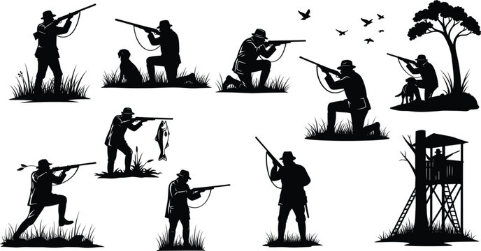 Collection of hunting silhouette vector illustrations featuring hunters, dogs, rifles, fishing, bird hunting, tree stand, and outdoor wilderness scenes