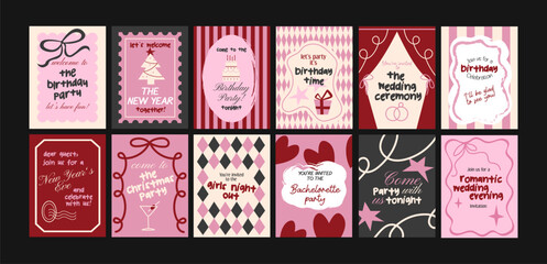 Obraz premium Party invitations and greeting cards set retro cartoon style. Birthday, wedding, brunch and dinner posters with festive typography and celebration mood. Printable templates for creative event design