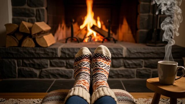 Cozy Fireplace Relaxation - Warm Socks and Hot Drink by the Fire.