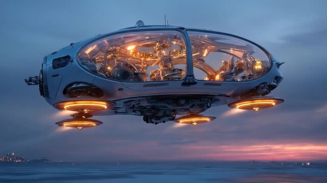 The image depicts a futuristic, transparent pod-like vehicle floating in the sky. The vehicle is illuminated with internal lights and appears to have a cockpit with a complex control panel.