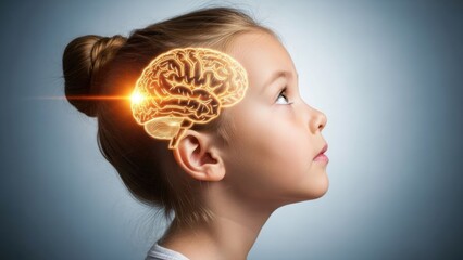 A young girl's side profile features a glowing, intricate outline of a human brain digitally superimposed over her head, symbolizing cognitive development and learning.
