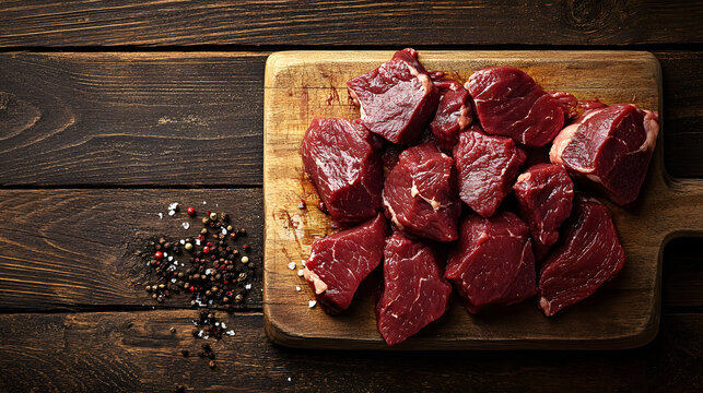 Sliced raw&nbsp;venison&nbsp;deer meat&nbsp;for a&nbsp;stew&nbsp;on a&nbsp;butcher's cutting board.