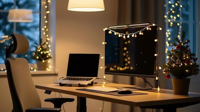 Cozy Home Office Decorated for Christmas with Twinkling Lights.