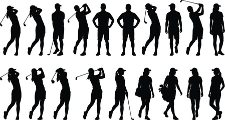 Golf player silhouette set, male and female golfer poses, swing and walking actions, sports activity icons for fitness, competition, training, and recreation design © Ashadujjaman