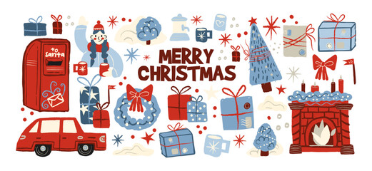 Obraz premium Christmas stickers in retro cartoon style. Holiday new year elements: gifts, candy canes, wreaths. Snowman, reindeer, car with presents, festive sweets. Illustration in retro cartoon style