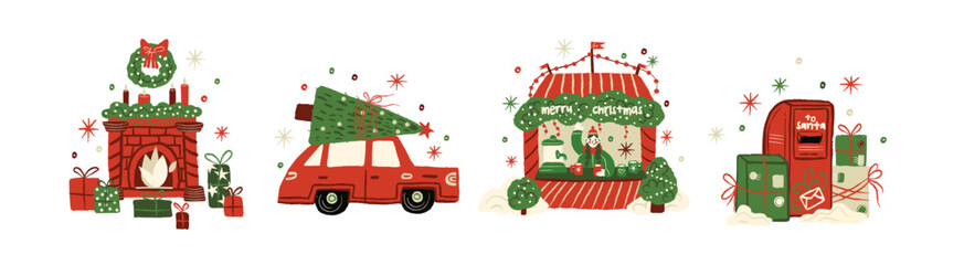 Obraz premium Christmas holiday compositions in cartoon style. Fireplace with gifts, car with tree, festive market booth and mail box decor. Cozy winter collection with warm seasonal details for cheerful holiday