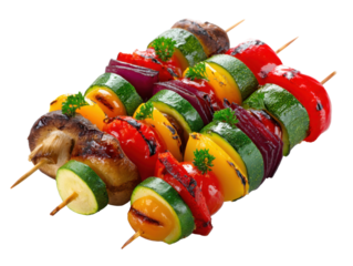 Grilled Vegetable Skewers: A vibrant display of grilled vegetable skewers, each skewer laden with a colorful assortment of fresh, roasted vegetables, inviting a taste of summer.