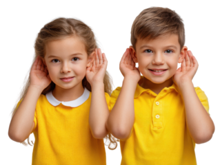 Attentive Children: Two young children with curious expression listening intently, hands cupped behind their ears, bathed in natural light.