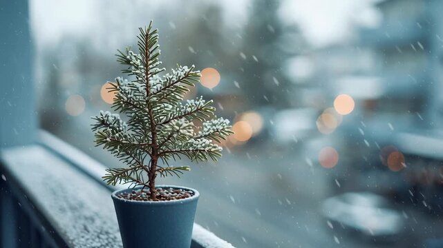 A small Christmas tree in a pot on the balcony under the slowly falling snow