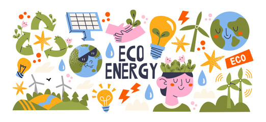 Obraz premium Eco energy sticker set in cartoon style. Green planet icons, wind turbines, solar panel, lightbulb and nature characters for renewable energy and reasonable consumption of electricity projects
