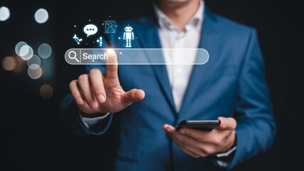 Businessman in blue suit interacting with futuristic search bar on smartphone in dark background with bokeh lights