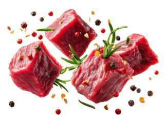 Delectable Culinary Cuts: A close-up shot showcasing vibrant red cubes of raw meat, perfectly seasoned with peppercorns, rosemary sprigs and chili flakes, creating a mouthwatering visual display.