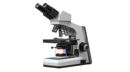 Modern laboratory microscope with eyepieces and stage for scientific research and analysis on transparent background. on transparent background