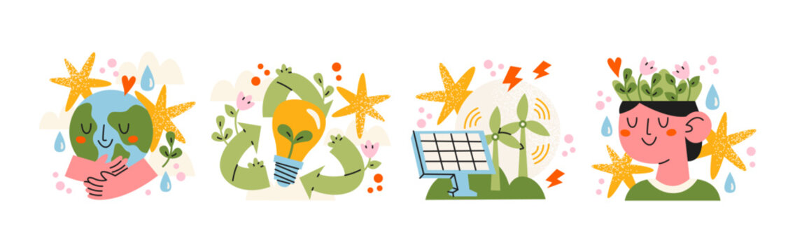 Eco energy sticker set in cartoon style. Green planet icons, wind turbines, solar panel, lightbulb and nature characters for renewable energy and reasonable consumption of electricity projects