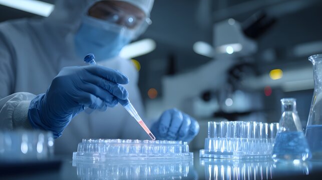 Scientist in Protective Gear Conducting Laboratory Experiment with Pipette and Test Tubes. - Powered by Adobe