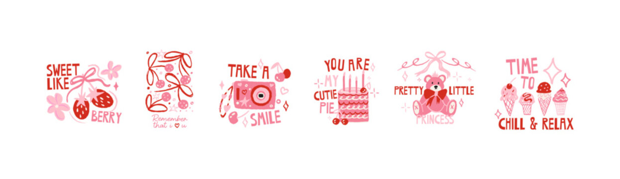 Cute pink aesthetic stickers in retro cartoon style. Soft illustrations with cakes, berries, toys, ice cream and camera details for cozy feminine vibe, gentle graphics also suitable for apparel prints
