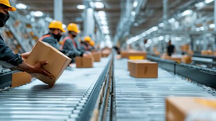 Warehouse workers sorting packages on a conveyor belt in a large distribution center, 4k video