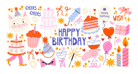 Plakat Birthday sticker set in retro cartoon style. Balloons, gifts, cakes, candles, party hats, streamers - festive birthday elements in trendy retro doodle style.Birthday sticker set in retro cartoon style