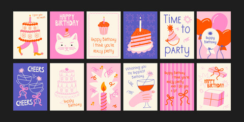 Birthday posters in retro cartoon style. Festive decor: cakes, candles, balloons. Party hats, gifts, greetings and celebration postcard. Minimalist wall banners for birthdays and holiday decoration © Limpreom